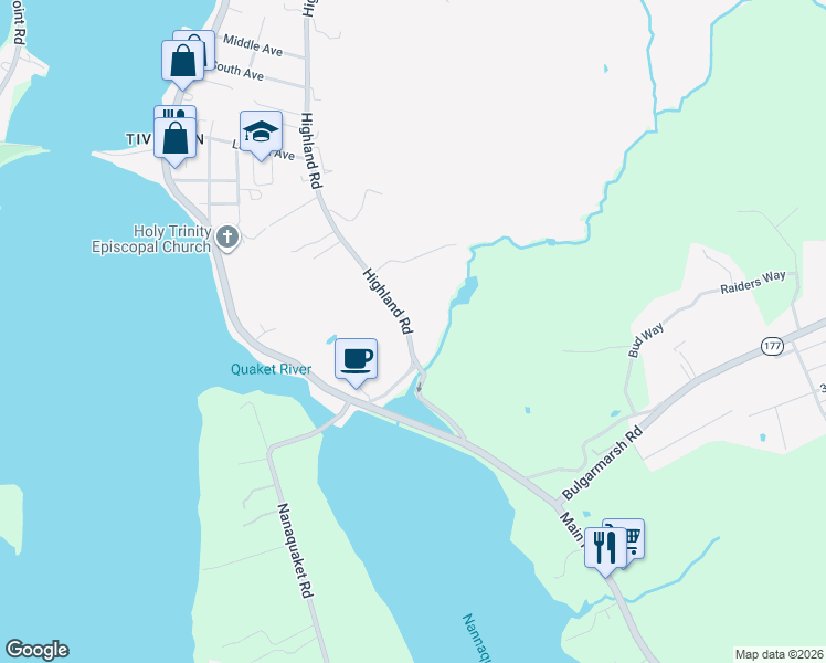 map of restaurants, bars, coffee shops, grocery stores, and more near 536 Highland Road in Tiverton