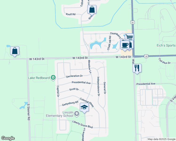 map of restaurants, bars, coffee shops, grocery stores, and more near 14422 Independence Drive in Plainfield