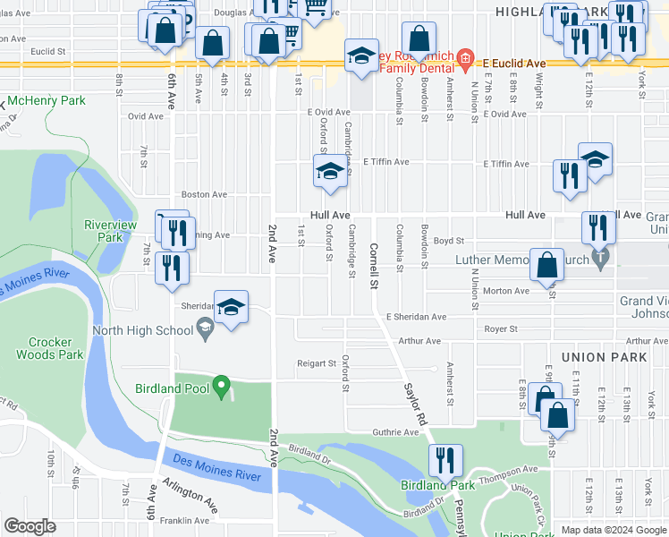 map of restaurants, bars, coffee shops, grocery stores, and more near 2807 Oxford Street in Des Moines