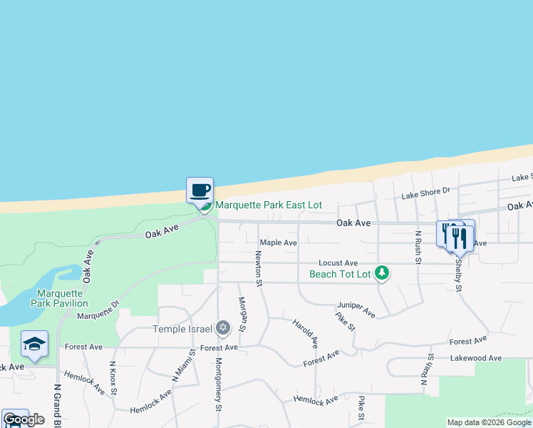 map of restaurants, bars, coffee shops, grocery stores, and more near 7400 Oak Avenue in Gary