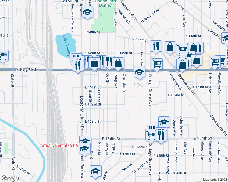 map of restaurants, bars, coffee shops, grocery stores, and more near 15108 Irving Avenue in Dolton