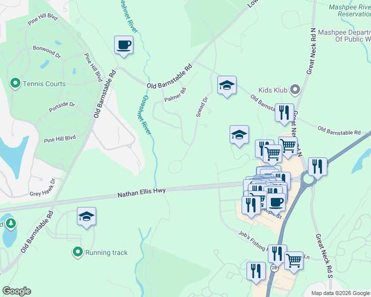 map of restaurants, bars, coffee shops, grocery stores, and more near 73 Snead Drive in Mashpee
