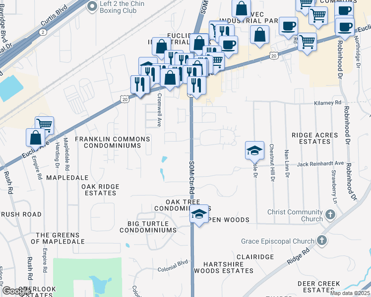 map of restaurants, bars, coffee shops, grocery stores, and more near 5230 Som Center Road in Willoughby