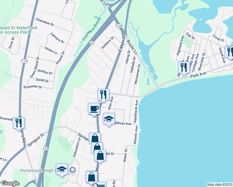 map of restaurants, bars, coffee shops, grocery stores, and more near 48 Park Avenue in Portsmouth