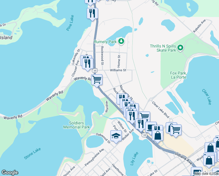 map of restaurants, bars, coffee shops, grocery stores, and more near 119 Warren Street in La Porte