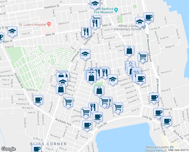 map of restaurants, bars, coffee shops, grocery stores, and more near 450 Bolton Street in New Bedford