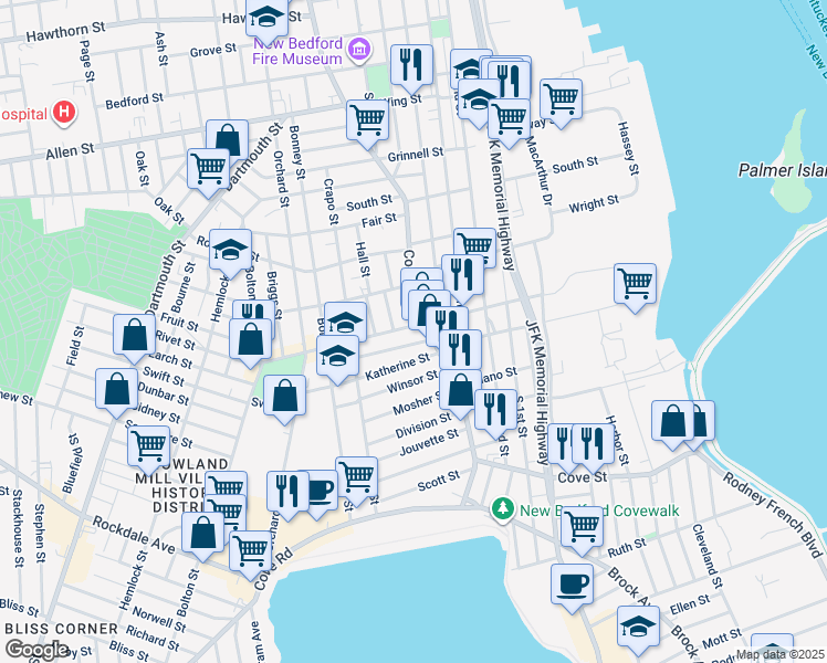 map of restaurants, bars, coffee shops, grocery stores, and more near 164 Rivet Street in New Bedford