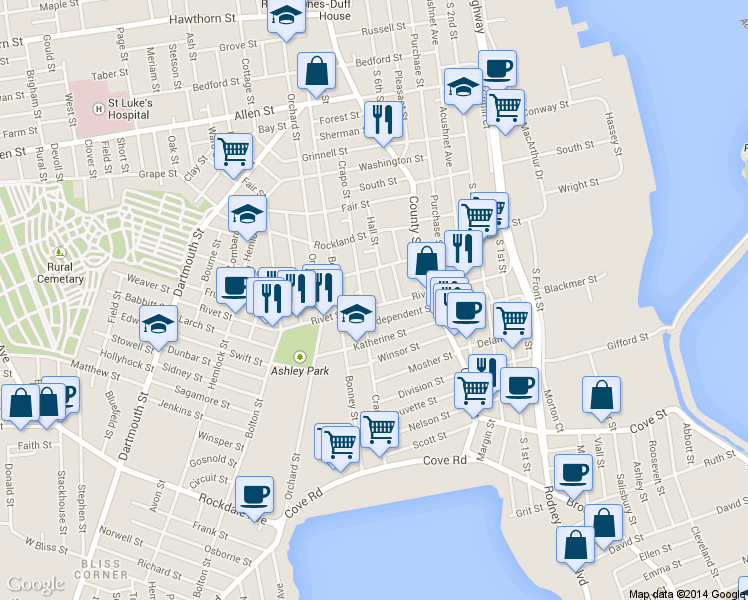map of restaurants, bars, coffee shops, grocery stores, and more near 209 Rivet Street in New Bedford