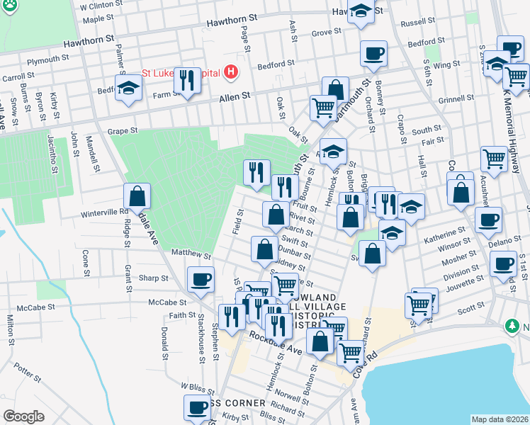 map of restaurants, bars, coffee shops, grocery stores, and more near 33 Babbitt Street in New Bedford