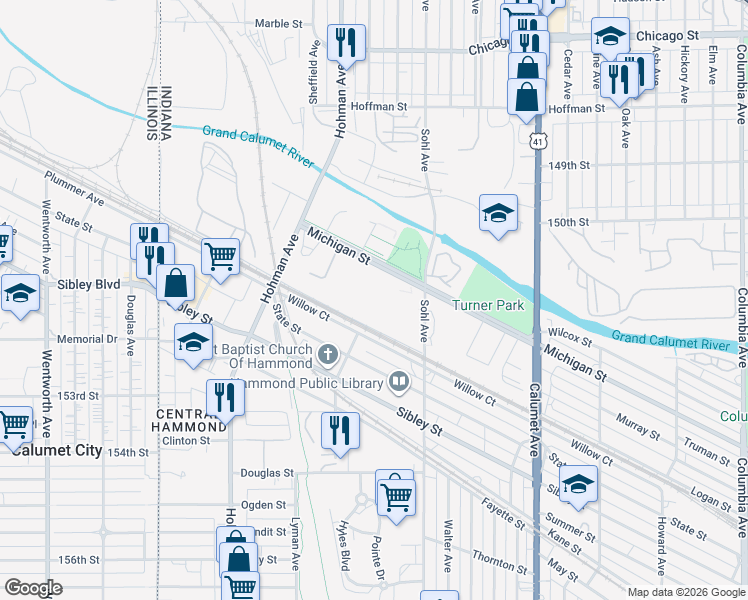 map of restaurants, bars, coffee shops, grocery stores, and more near 524 Michigan Street in Hammond