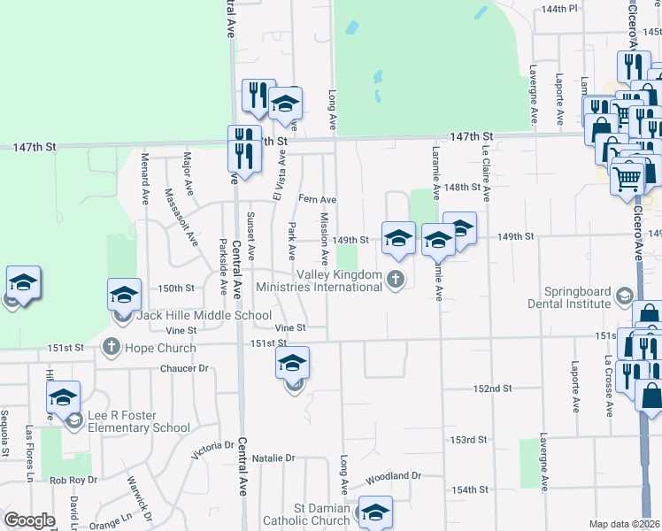 map of restaurants, bars, coffee shops, grocery stores, and more near 14901 Long Avenue in Oak Forest