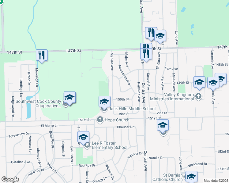map of restaurants, bars, coffee shops, grocery stores, and more near 14841 Menard Avenue in Oak Forest