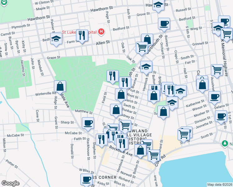 map of restaurants, bars, coffee shops, grocery stores, and more near 33 Babbitt Street in New Bedford