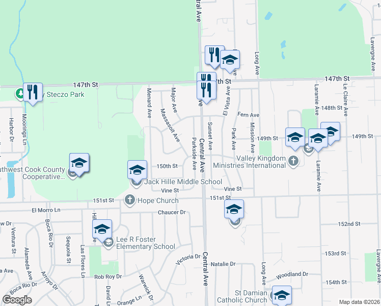 map of restaurants, bars, coffee shops, grocery stores, and more near 5632 La Palm Drive in Oak Forest