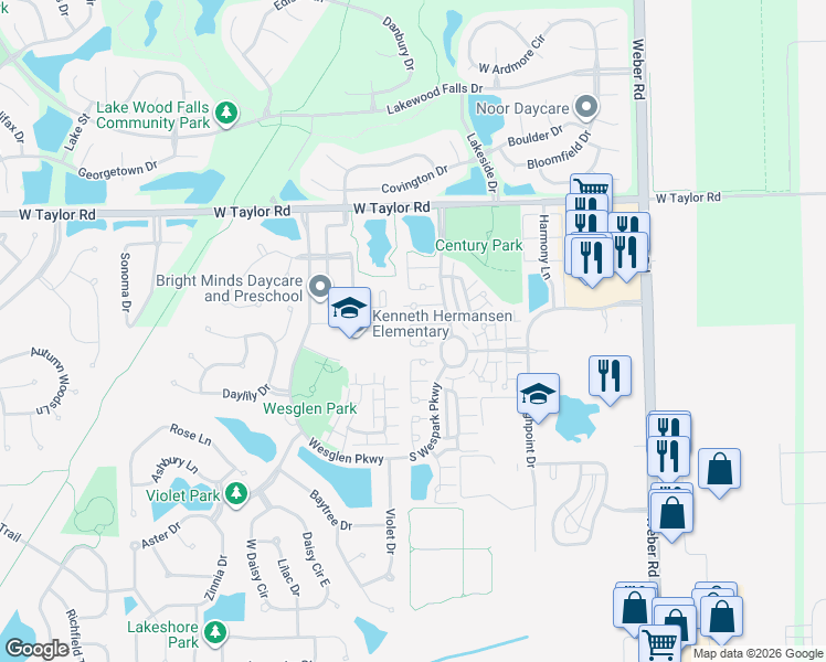 map of restaurants, bars, coffee shops, grocery stores, and more near 1485 Windflower Court in Romeoville
