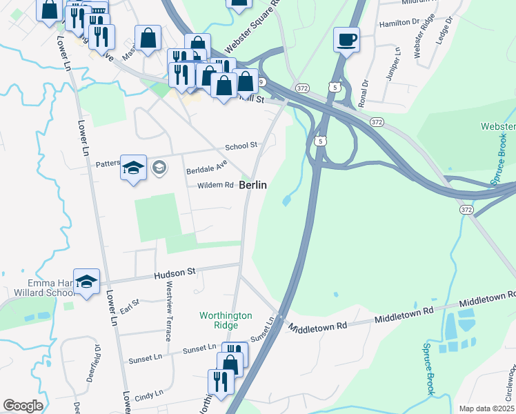 map of restaurants, bars, coffee shops, grocery stores, and more near 845 Worthington Ridge in Berlin