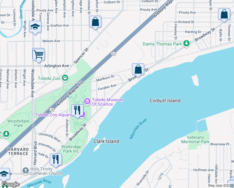 map of restaurants, bars, coffee shops, grocery stores, and more near 2549 Broadway Street in Toledo