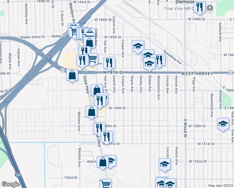 map of restaurants, bars, coffee shops, grocery stores, and more near 14811 Leavitt Avenue in Harvey