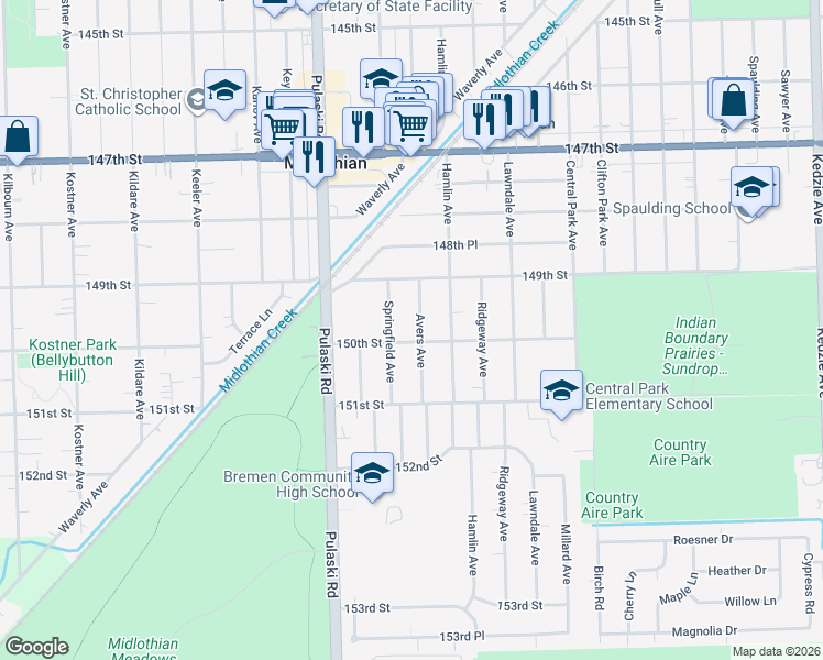 map of restaurants, bars, coffee shops, grocery stores, and more near 14950 Avers Avenue in Midlothian