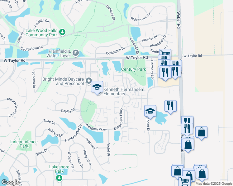 map of restaurants, bars, coffee shops, grocery stores, and more near 1485 Windflower Court in Romeoville