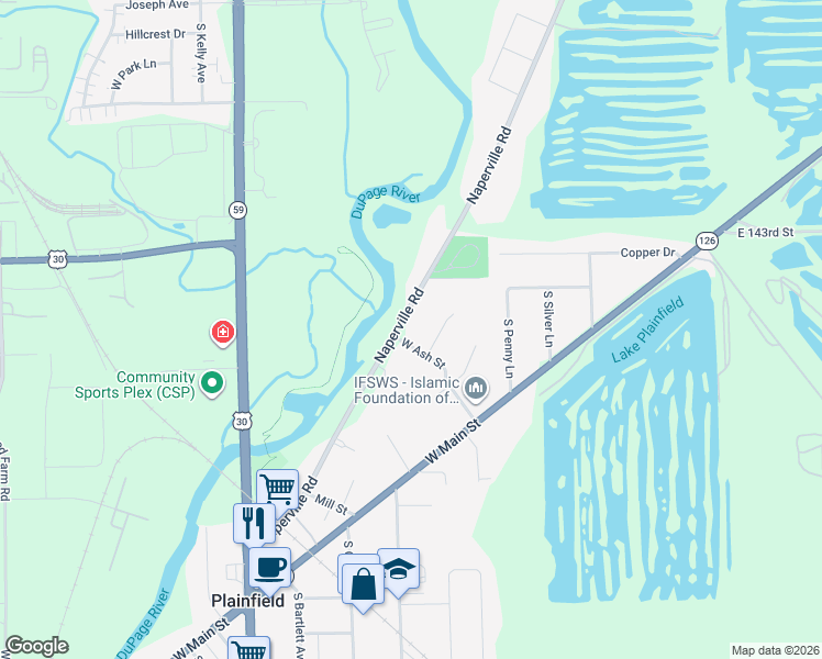 map of restaurants, bars, coffee shops, grocery stores, and more near 14414 Garden Court in Plainfield