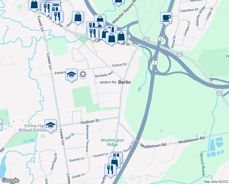 map of restaurants, bars, coffee shops, grocery stores, and more near 64 Woodbine Ct in Berlin