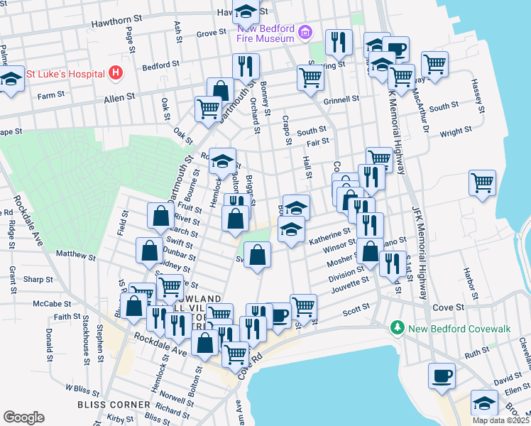 map of restaurants, bars, coffee shops, grocery stores, and more near 443 Orchard Street in New Bedford