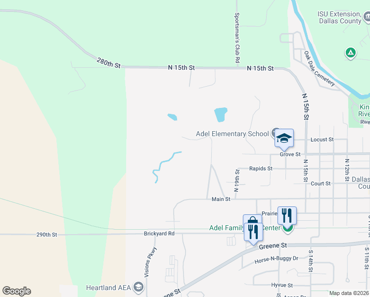 map of restaurants, bars, coffee shops, grocery stores, and more near 1914 Court Street in Adel