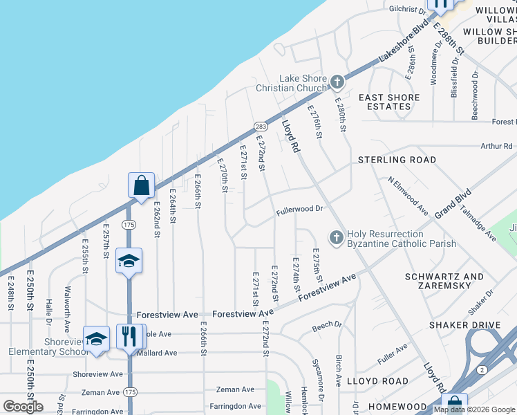 map of restaurants, bars, coffee shops, grocery stores, and more near 27130 Parkwood Drive in Euclid