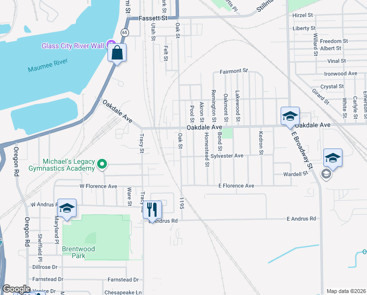 map of restaurants, bars, coffee shops, grocery stores, and more near 1645 Oak Street in Toledo