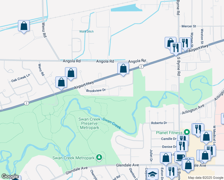 map of restaurants, bars, coffee shops, grocery stores, and more near 1304 Brookview Drive in Toledo