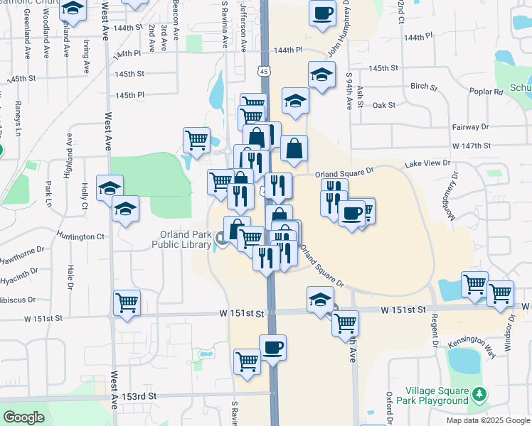 map of restaurants, bars, coffee shops, grocery stores, and more near 14846 South La Grange Road in Orland Park