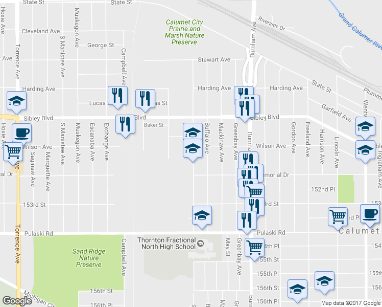 map of restaurants, bars, coffee shops, grocery stores, and more near 540 Superior Avenue in Calumet City