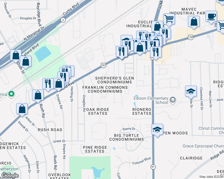 map of restaurants, bars, coffee shops, grocery stores, and more near 5110 Shepherds Glen in Willoughby