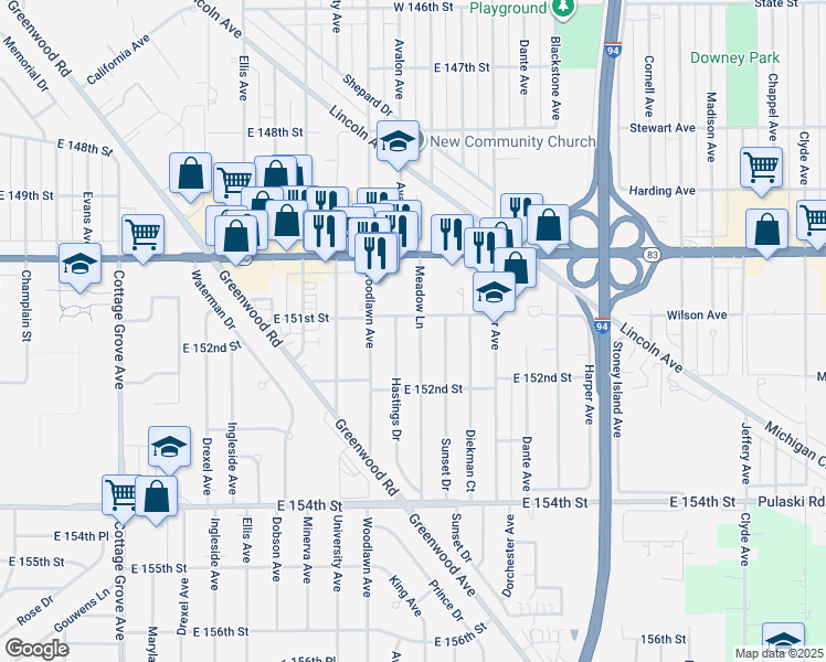 map of restaurants, bars, coffee shops, grocery stores, and more near 15110 Meadow Lane in Dolton