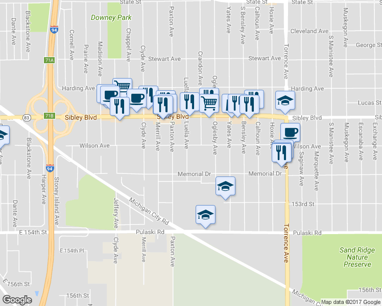 map of restaurants, bars, coffee shops, grocery stores, and more near 507 Luella Avenue in Calumet City