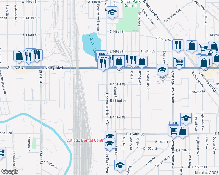map of restaurants, bars, coffee shops, grocery stores, and more near 15108 Doctor Martin Luther King Junior Drive in Dolton