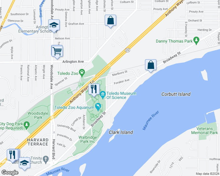 map of restaurants, bars, coffee shops, grocery stores, and more near 1112 Radcliffe Drive in Toledo