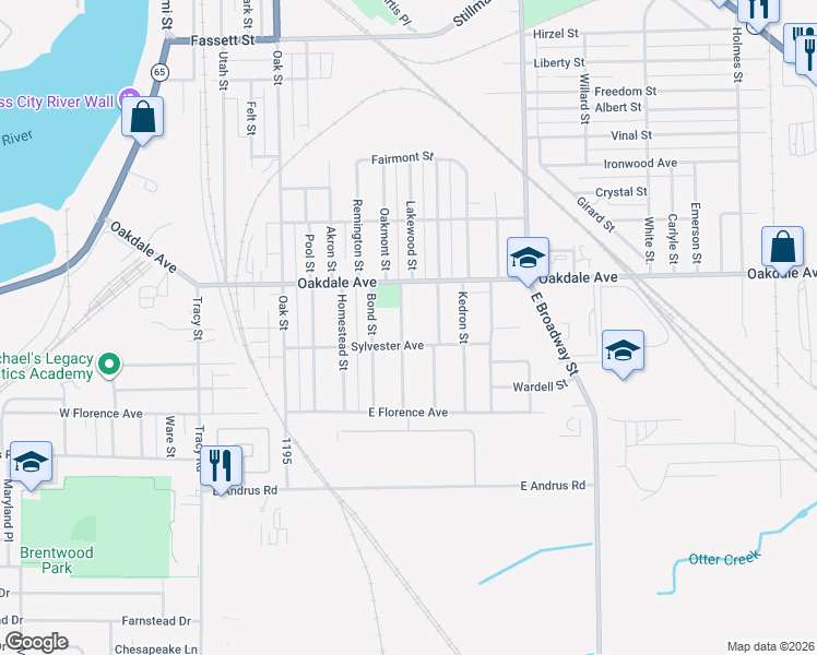 map of restaurants, bars, coffee shops, grocery stores, and more near 1645 Schomberg Street in Toledo