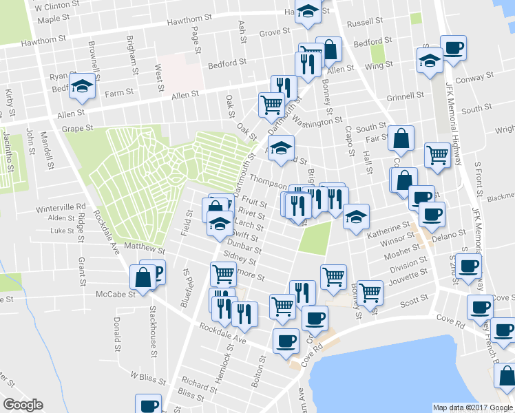 map of restaurants, bars, coffee shops, grocery stores, and more near 100 Fruit St in New Bedford