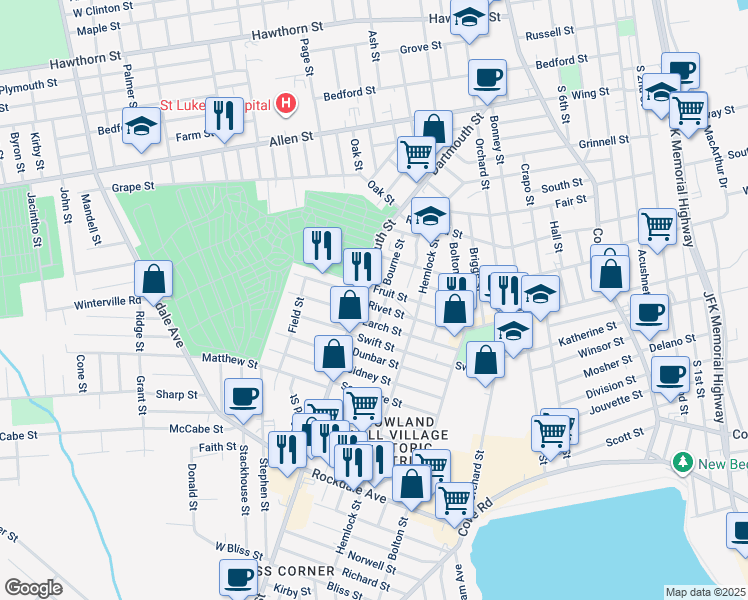 map of restaurants, bars, coffee shops, grocery stores, and more near 543 Rivet Street in New Bedford