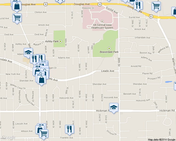 map of restaurants, bars, coffee shops, grocery stores, and more near 2815 35th Street in Des Moines
