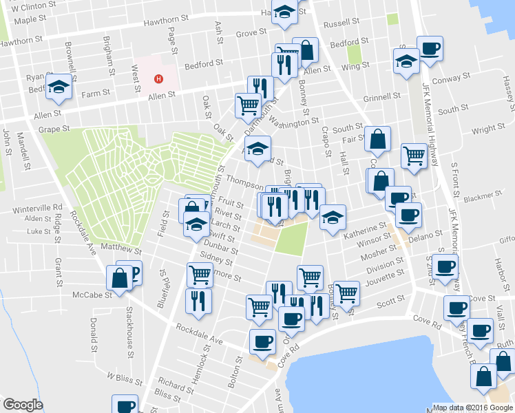 map of restaurants, bars, coffee shops, grocery stores, and more near 53 Fruit St in New Bedford