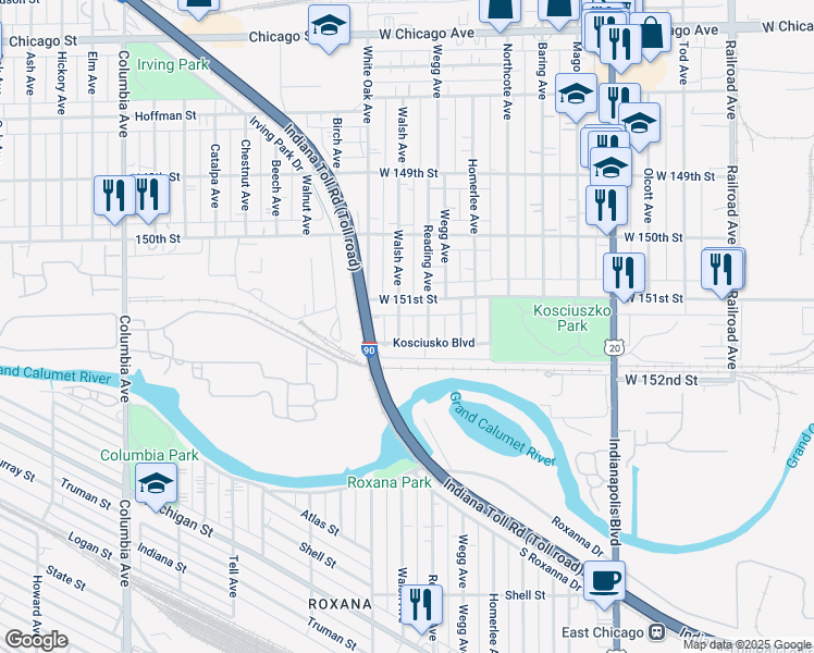 map of restaurants, bars, coffee shops, grocery stores, and more near 5119 Walsh Avenue in East Chicago