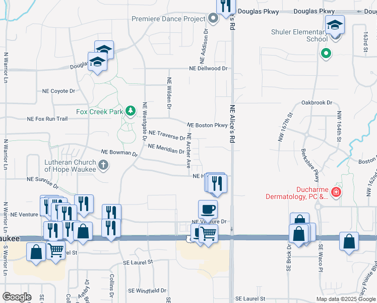 map of restaurants, bars, coffee shops, grocery stores, and more near 805 NE Meridian Drive in Waukee