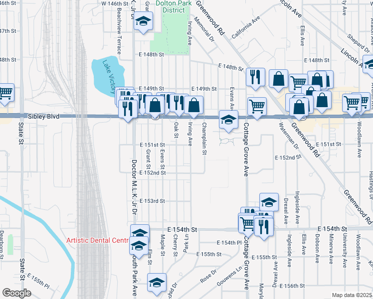 map of restaurants, bars, coffee shops, grocery stores, and more near 15104 Irving Avenue in Dolton
