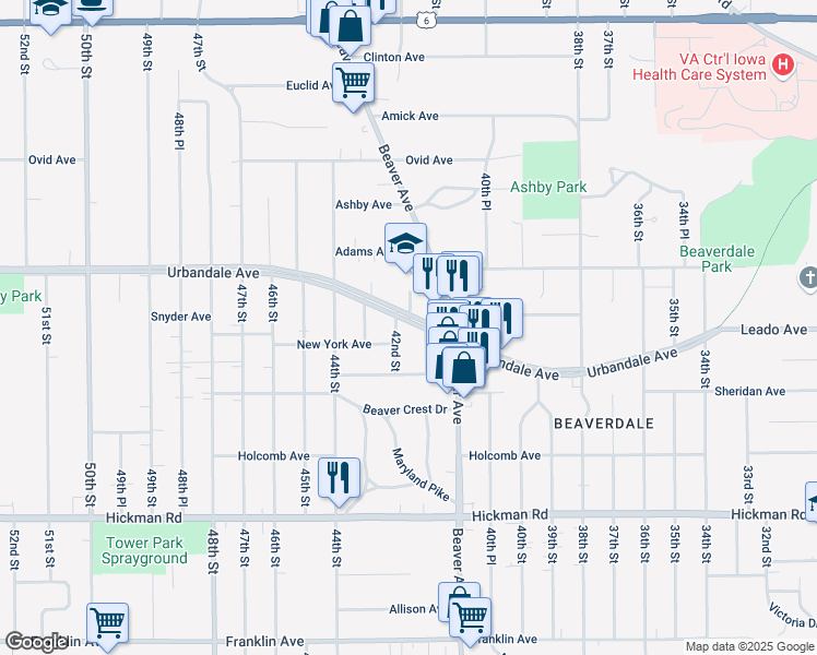 map of restaurants, bars, coffee shops, grocery stores, and more near 4142 Urbandale Avenue in Des Moines