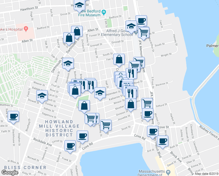 map of restaurants, bars, coffee shops, grocery stores, and more near 209 Rivet Street in New Bedford
