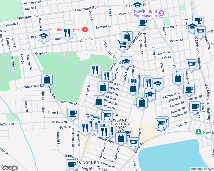 map of restaurants, bars, coffee shops, grocery stores, and more near 266 Dartmouth Street in New Bedford