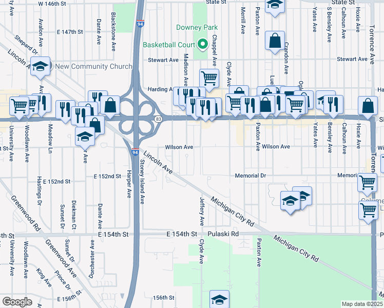 map of restaurants, bars, coffee shops, grocery stores, and more near 15105 Madison Avenue in Dolton